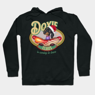 cute Doxie Dog as Santa Claus in classic hotdog car is Coming to Town Hoodie